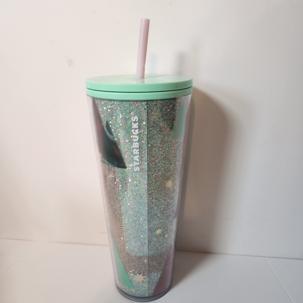 Starbucks Venti Cold Cup 24oz Mint Green Iridescent Glitter Geometric Mountains